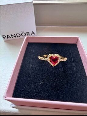 Pandora Gold Ring with Red Heart Stone